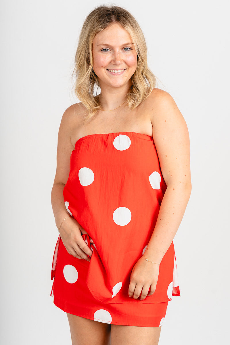 Strapless polka dot top red