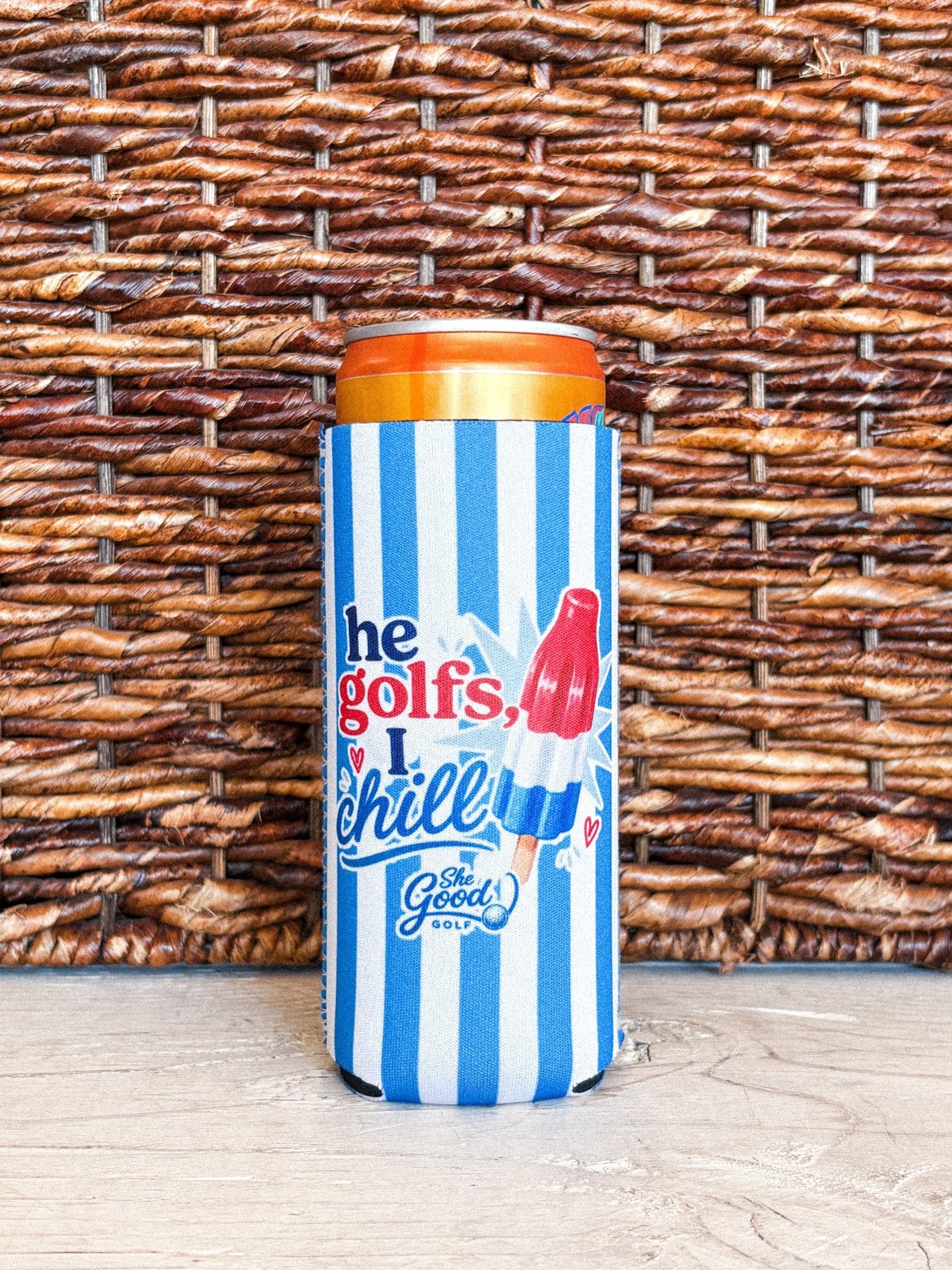 He golfs, I chill striped drink koozie blue/white - Trendy Gifts at Lush Fashion Lounge Boutique in Oklahoma City