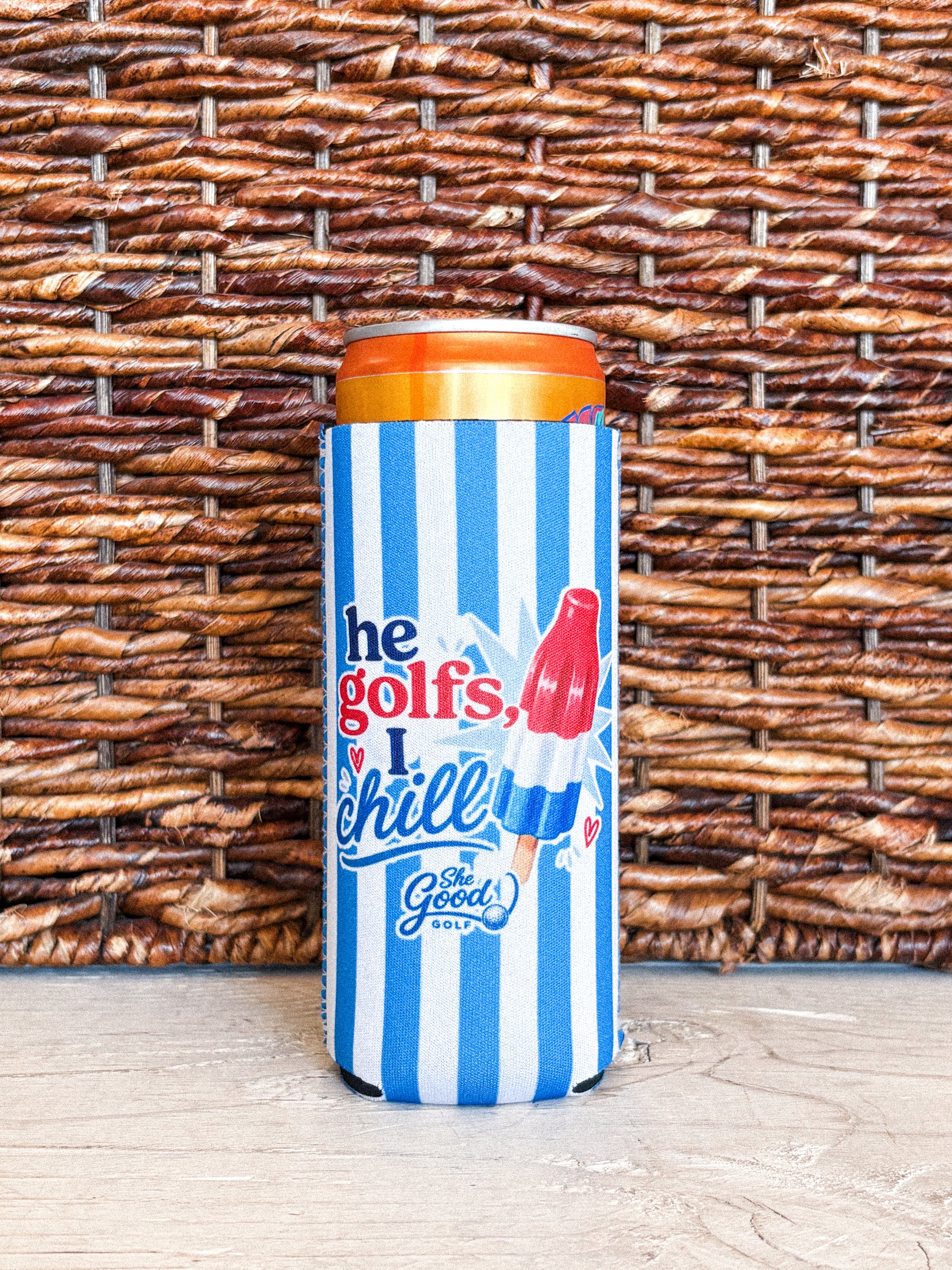 He golfs, I chill striped drink koozie blue/white