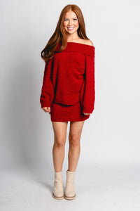 Off shoulder fuzzy sweater ruby red – Unique Sweaters | Lounging Sweaters and Womens Fashion Sweaters at Lush Fashion Lounge Boutique in Oklahoma City