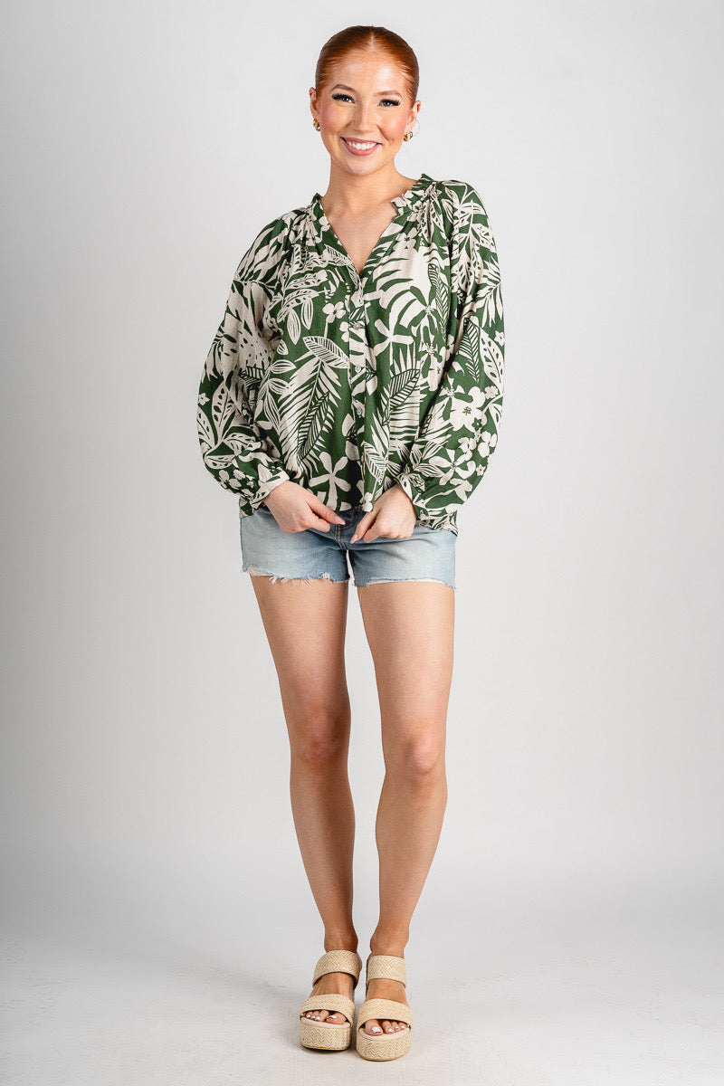 Tropical ruffle neck blouse Ibiza palm - Stylish top - Trendy Staycation Outfits at Lush Fashion Lounge Boutique in Oklahoma City