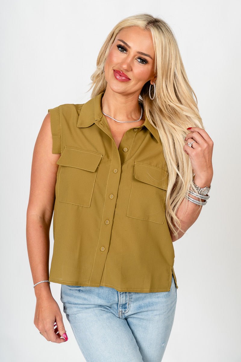Sleeveless chiffon pocket blouse lemon grass