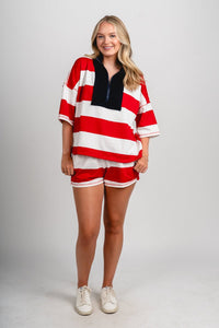 Striped half zip pullover red/navy - Fun Sweatshirt - Unique American Summer Ideas at Lush Fashion Lounge Boutique in Oklahoma