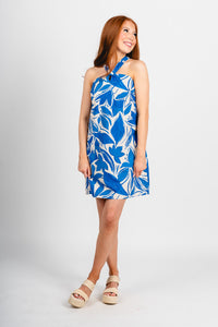 Abstract halter mini dress capri blue - Stylish dress - Trendy Staycation Outfits at Lush Fashion Lounge Boutique in Oklahoma City