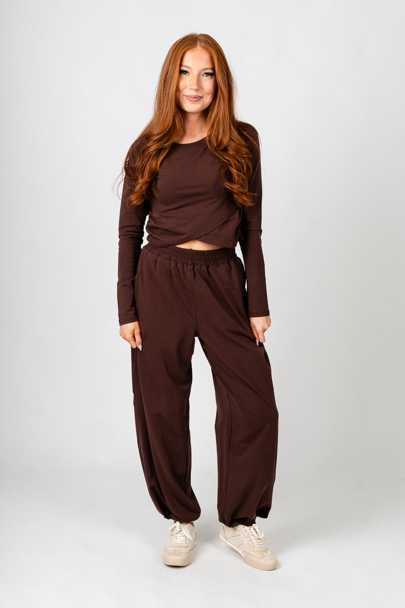 Long sleeve twist front top brown