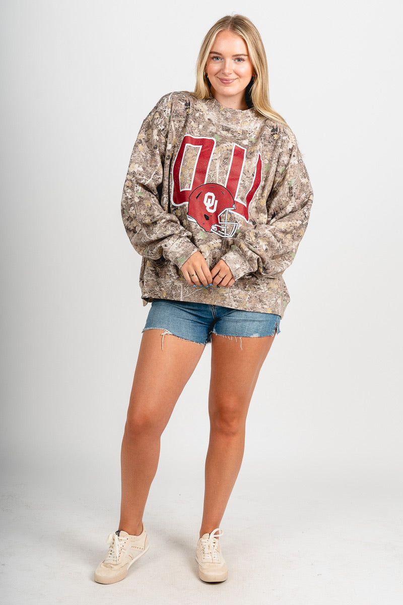 OU OU Sooners helmet fade mock neck sweatshirt camo Sweatshirt | Lush Fashion Lounge Trendy Oklahoma University Sooners Apparel & Cute Gameday T-Shirts