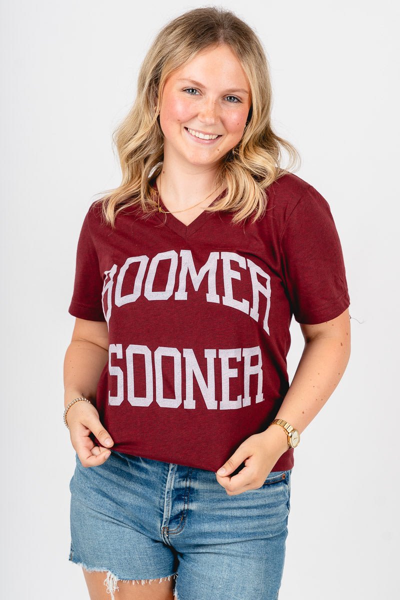 OU OU Sooners boomer sooner simple v-neck t-shirt crimson T-shirt | Lush Fashion Lounge Trendy Oklahoma University Sooners Apparel & Cute Gameday T-Shirts