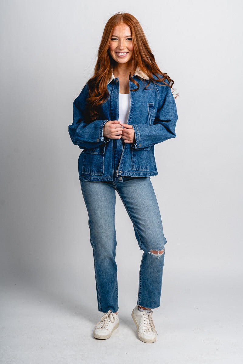 Denim barn jacket denim/cream – Fashionable Jackets | Trendy Blazers at Lush Fashion Lounge Boutique in Oklahoma City