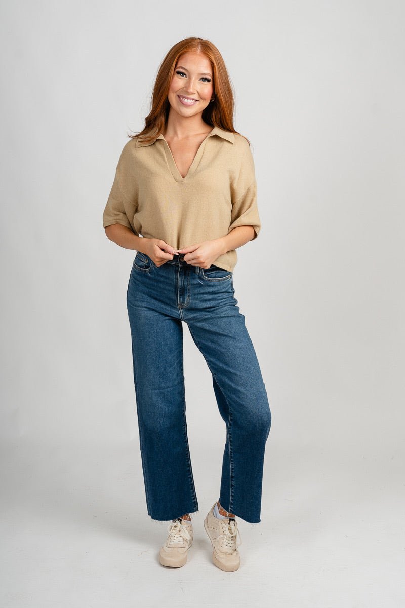 Collared short sleeve crop sweater butter