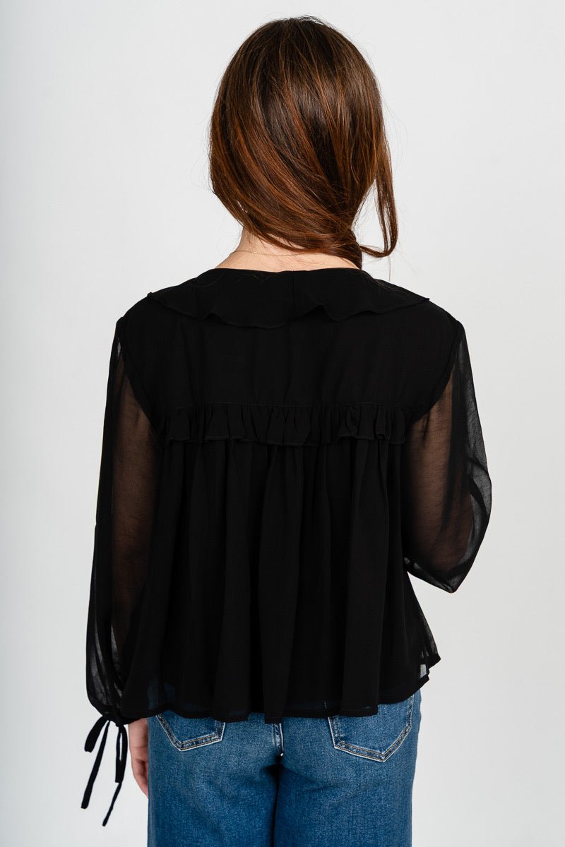 Ruffle tie front blouse black