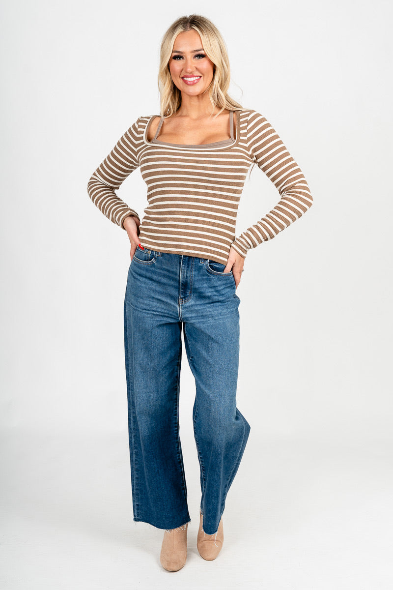 Striped long sleeve layer top mocha/natural