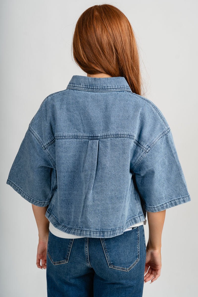 Cropped short sleeve denim jacket blue