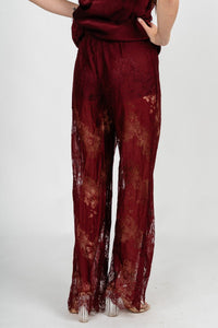 Lace wide leg pants burgundy | Lush Fashion Lounge: women's boutique pants, boutique women's pants, affordable boutique pants, women's fashion pants