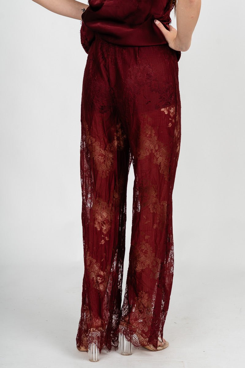 Lace wide leg pants burgundy | Lush Fashion Lounge: women's boutique pants, boutique women's pants, affordable boutique pants, women's fashion pants