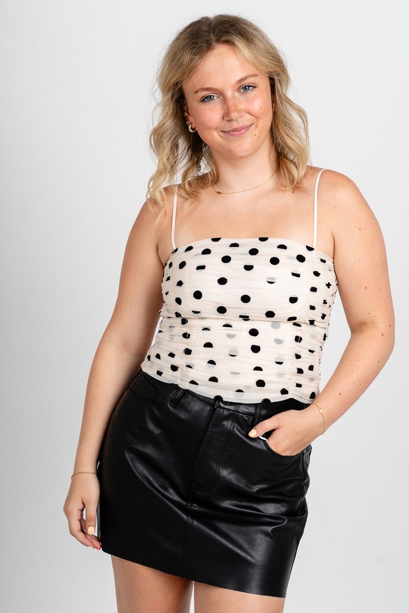 Ruched spaghetti strap top cream/black