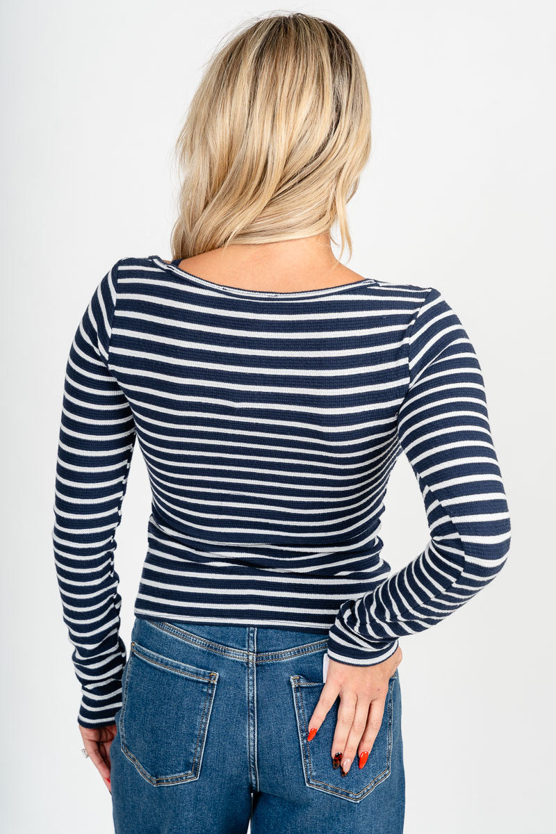 Striped long sleeve layer top navy/off white