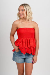 Eyelet lace tube top red - Cute top - Fun American Summer Outfits at Lush Fashion Lounge Boutique in Oklahoma City