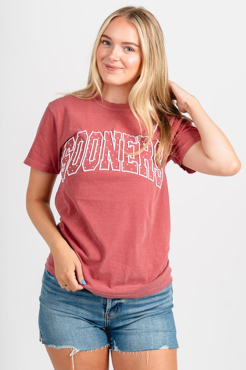 OU OU Sooners polka dot puff unisex t-shirt crimson T-shirt | Lush Fashion Lounge Trendy Oklahoma University Sooners Apparel & Cute Gameday T-Shirts