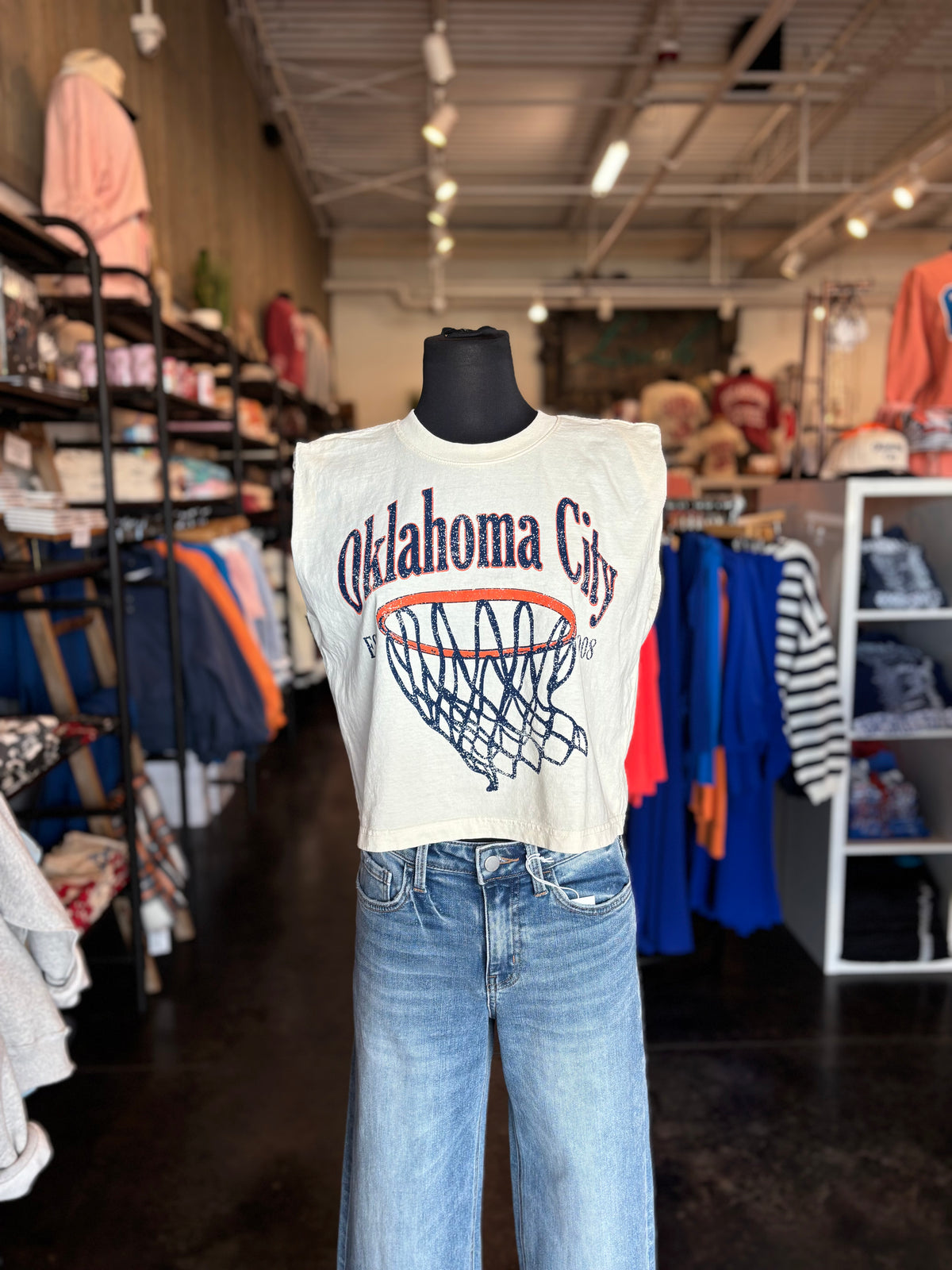 OKC basketball swoosh muscle tank cream - Trendy OKC Apparel at Lush Fashion Lounge Boutique in Oklahoma City