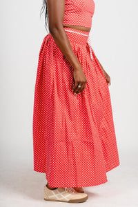 Polka dot maxi skirt berry | Lush Fashion Lounge: boutique fashion skirts, affordable boutique skirts, cute affordable skirts