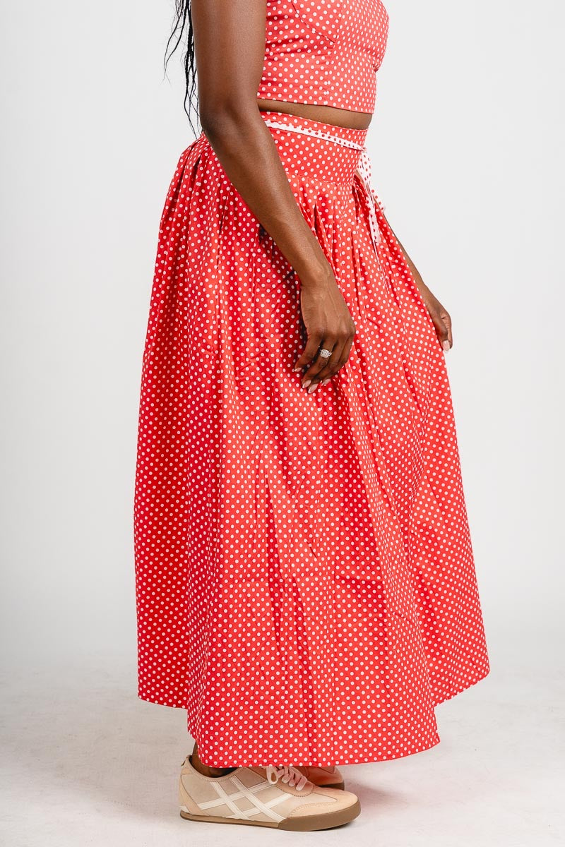 Polka dot maxi skirt berry | Lush Fashion Lounge: boutique fashion skirts, affordable boutique skirts, cute affordable skirts