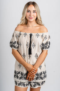 Off shoulder embroidered top natural/black - Cute top - Fun Vacay Basics at Lush Fashion Lounge Boutique in Oklahoma City