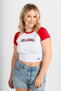 OU OU Sooners home run baby tee cardinal/white T-shirt | Lush Fashion Lounge Trendy Oklahoma University Sooners Apparel & Cute Gameday T-Shirts