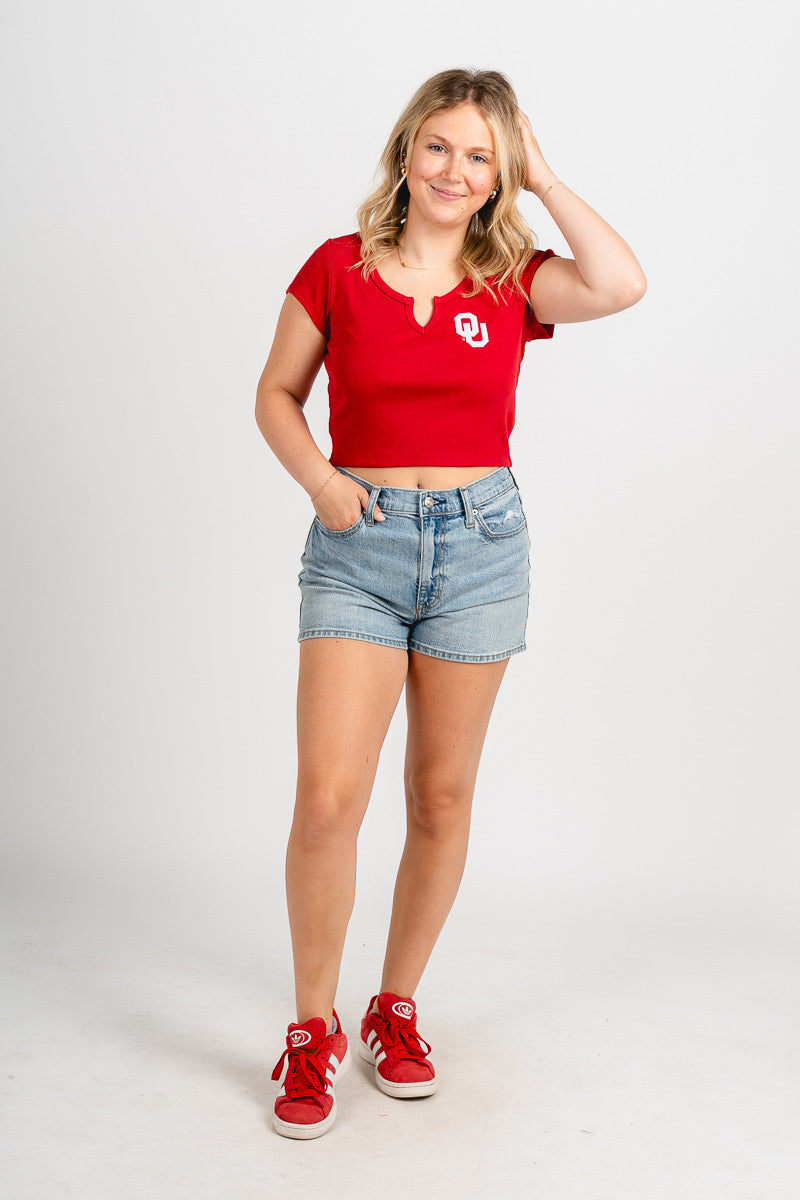 OU OU Sooners Cali baby tee cardinal T-shirt | Lush Fashion Lounge Trendy Oklahoma University Sooners Apparel & Cute Gameday T-Shirts