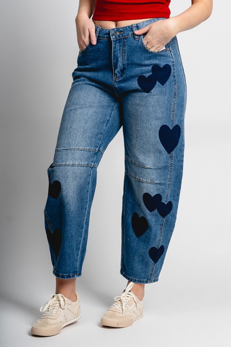 Heart patch barrel jeans blue - Trendy T-Shirts for Valentine's Day at Lush Fashion Lounge Boutique in Oklahoma City
