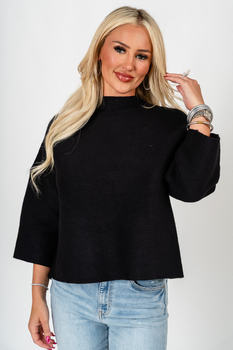Mock neck ribbed short sleeve sweater black