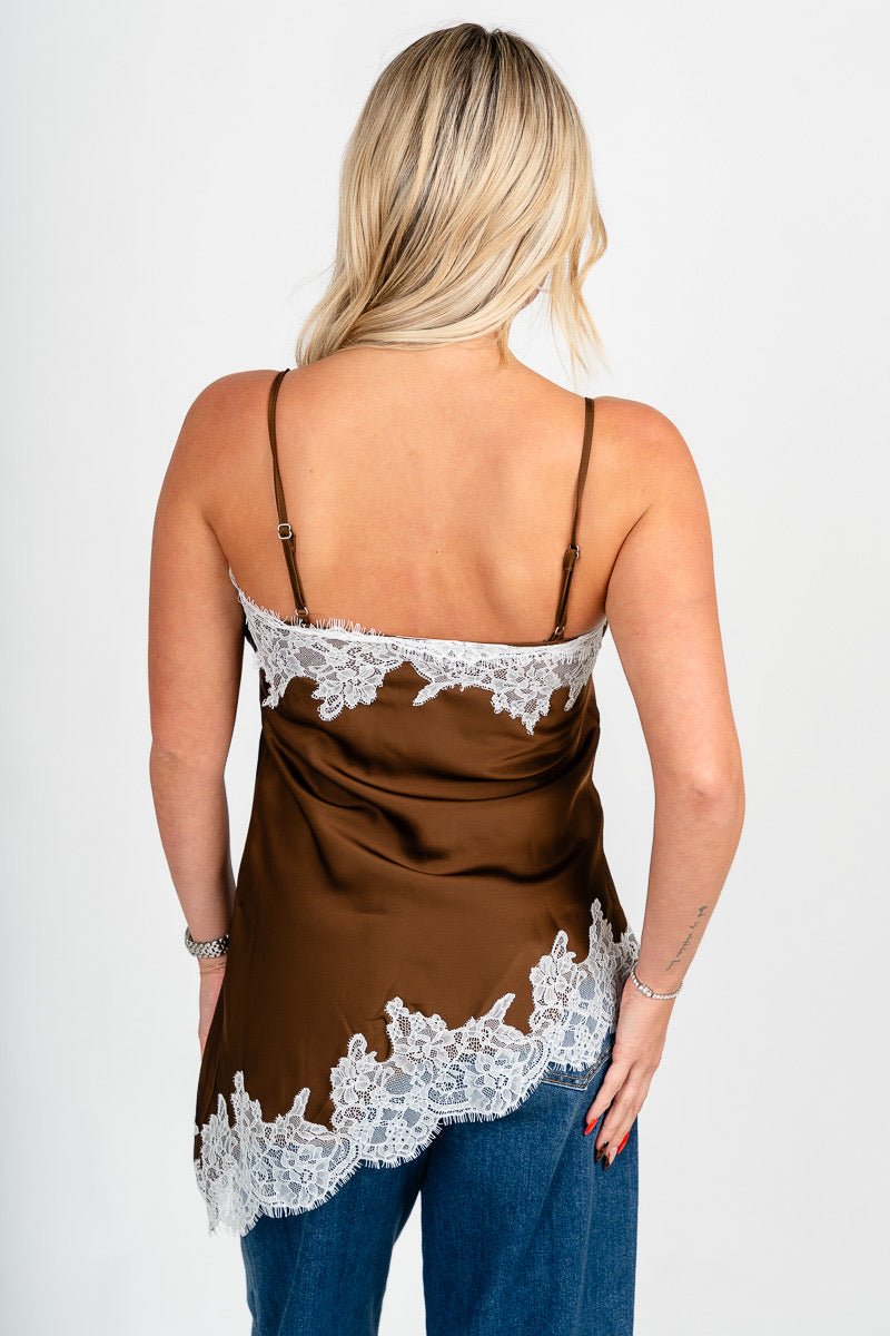 Asymmetrical lace trim tank top brown