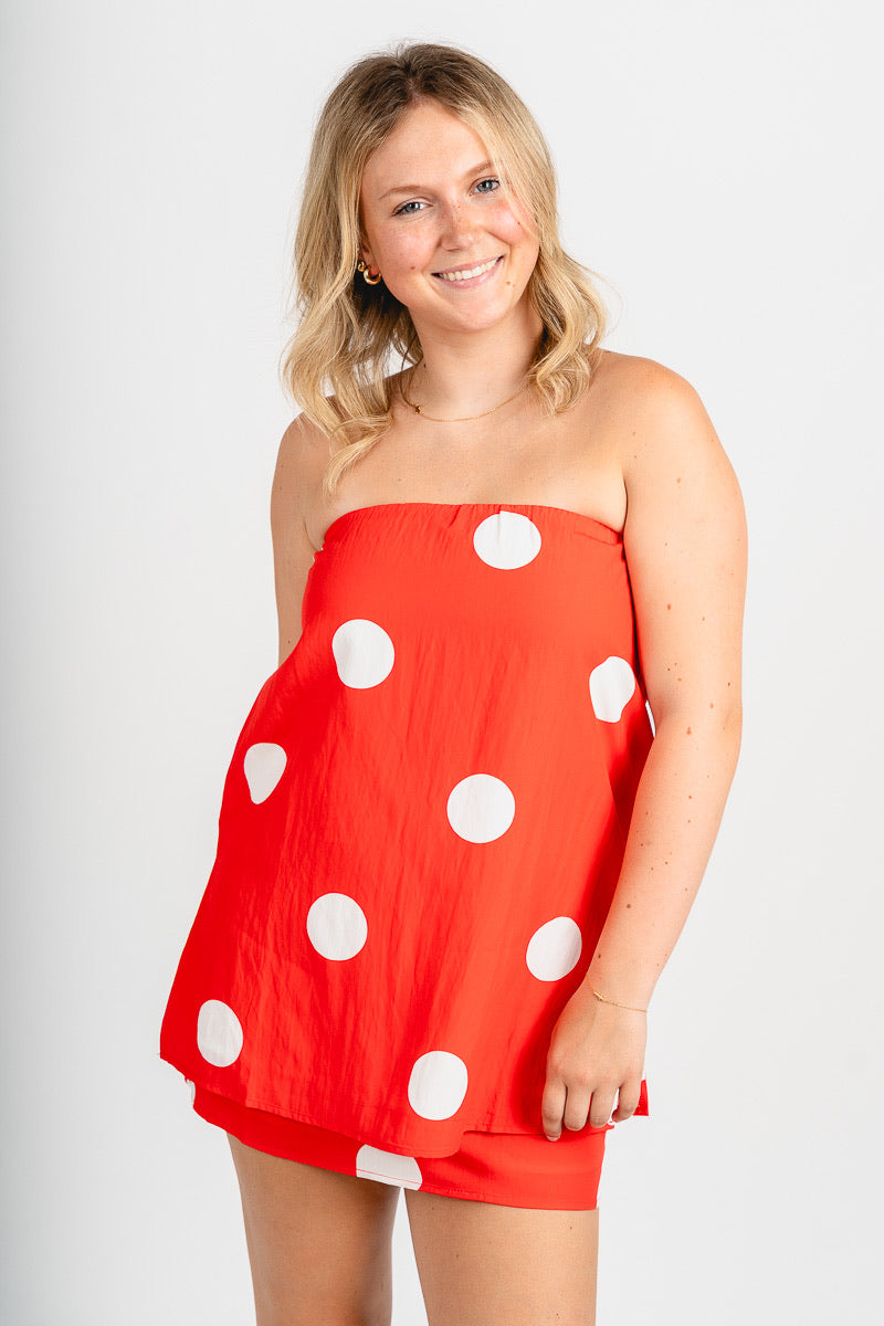 Strapless polka dot top red