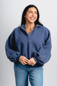 Collared oversized sweatshirt navy - Cute Sweatshirt - Fun Cozy Basics at Lush Fashion Lounge Boutique in Oklahoma City