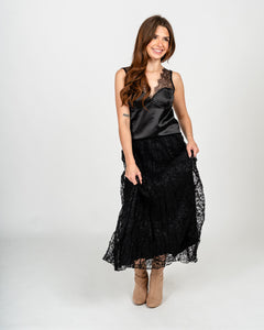 Lace midi skirt black | Lush Fashion Lounge: boutique fashion skirts, affordable boutique skirts, cute affordable skirts