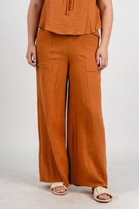 Gauze wide leg pants maple | Lush Fashion Lounge: women's boutique pants, boutique women's pants, affordable boutique pants, women's fashion pants