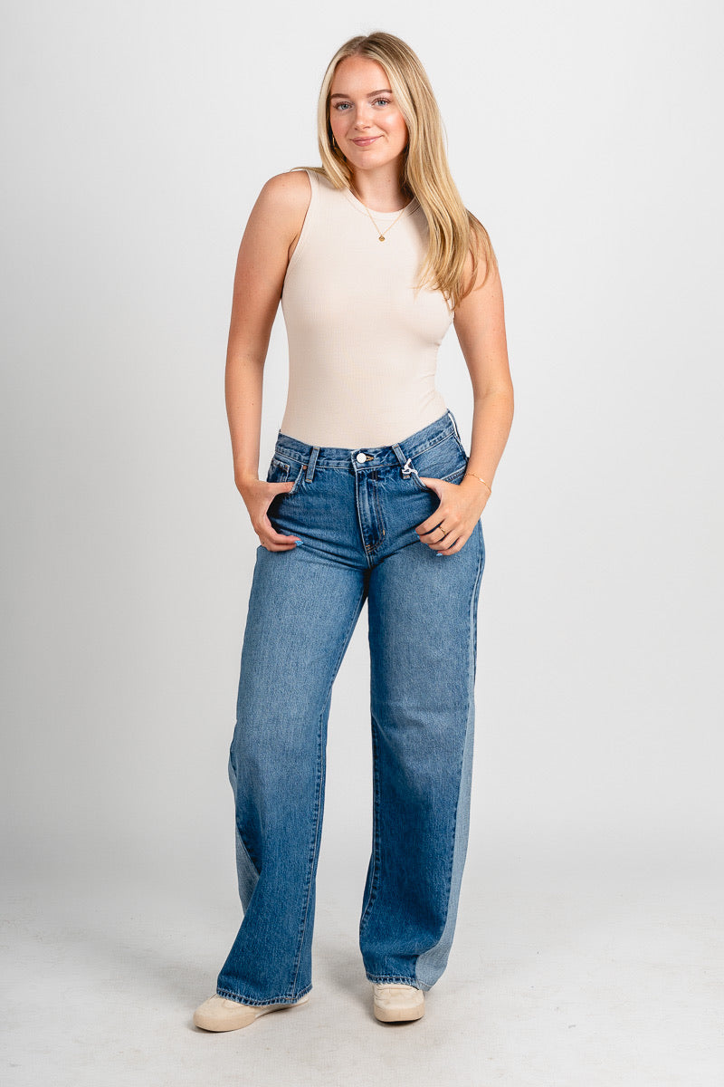 High rise contrast seam barrel jeans medium denim