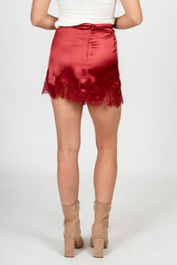 Satin lace trim mini skirt wine | Lush Fashion Lounge: boutique fashion skirts, affordable boutique skirts, cute affordable skirts