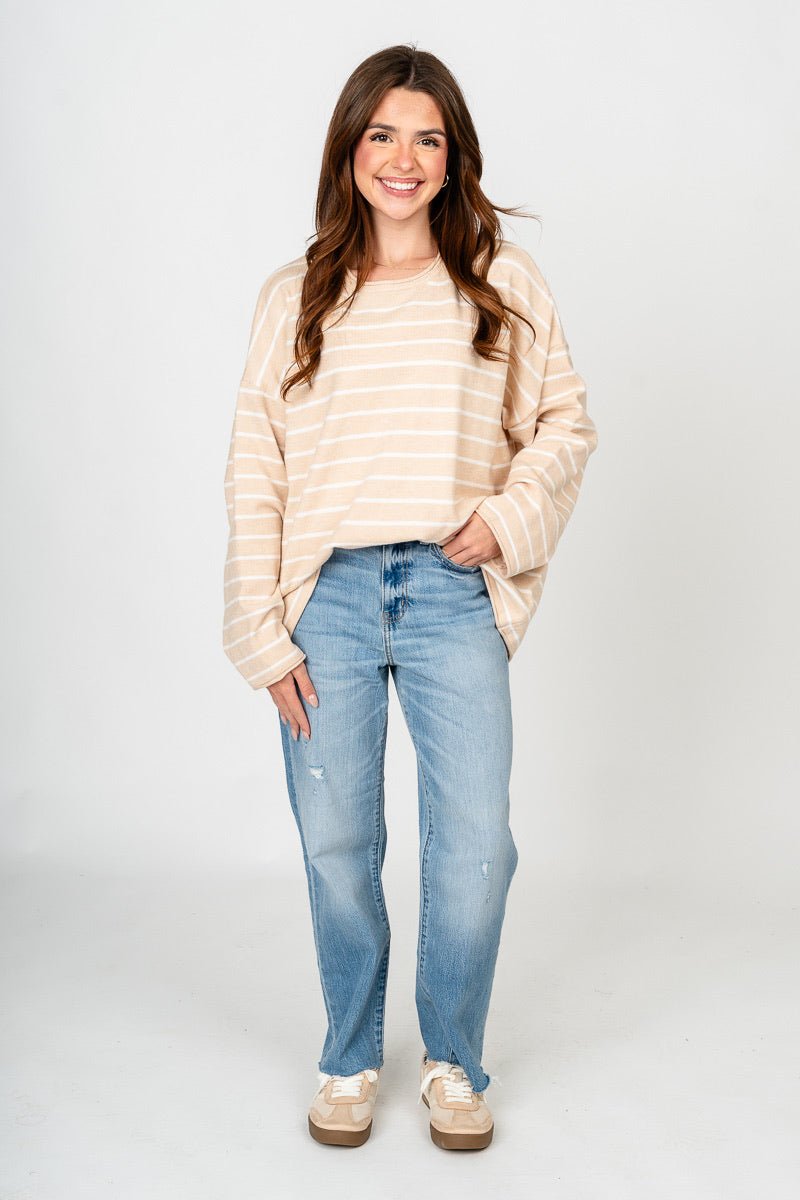 Striped oversized sweater oatmeal - Trendy Sweaters | Cute Pullover Sweaters at Lush Fashion Lounge Boutique in Oklahoma City