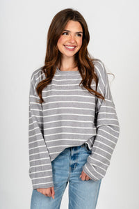 Striped oversized sweater heather grey – Boutique Sweaters | Fashionable Sweaters at Lush Fashion Lounge Boutique in Oklahoma City