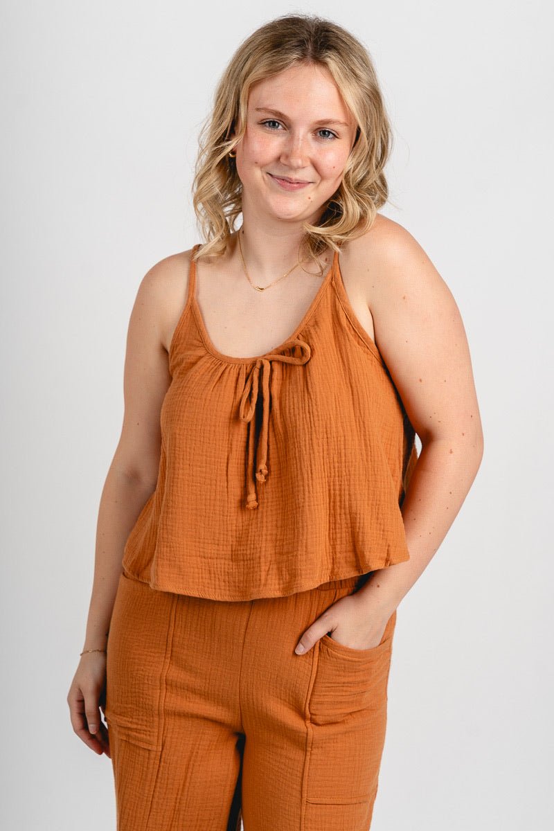 Tie detail gauze tank top maple - Cute Tank Top - Trendy Tank Tops at Lush Fashion Lounge Boutique in Oklahoma City
