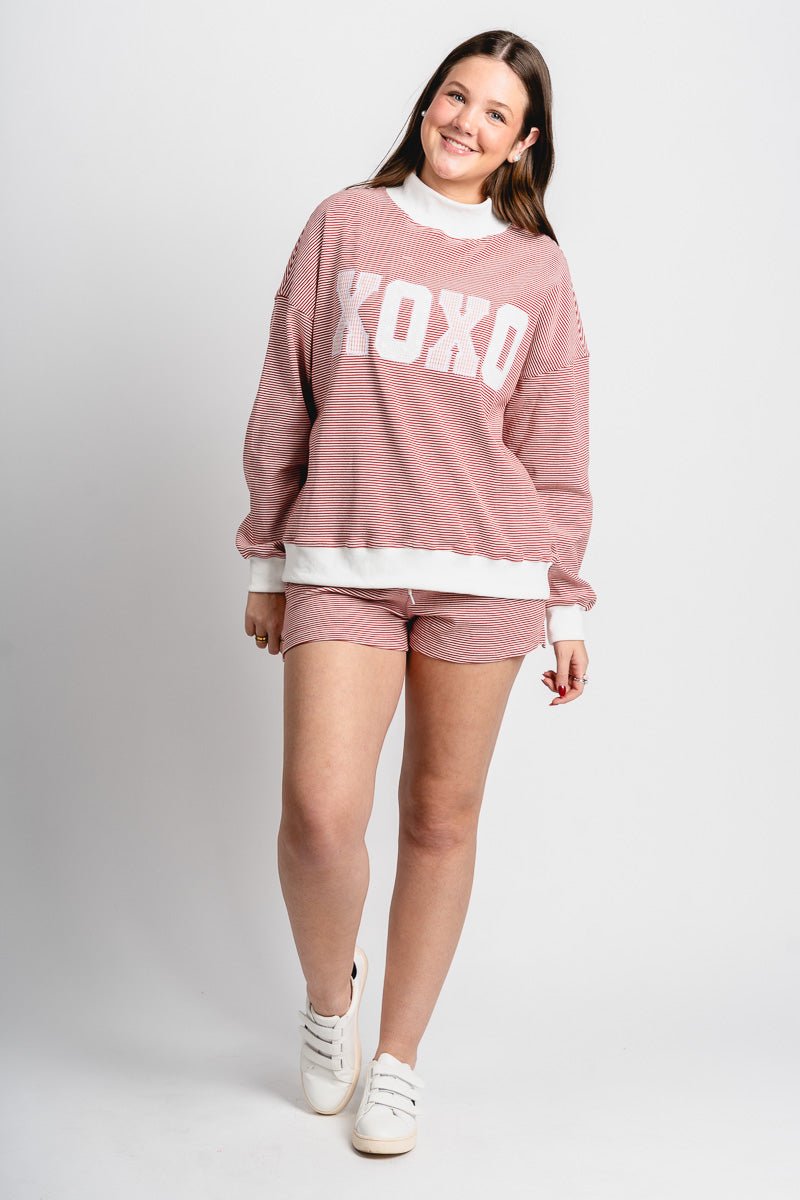 XOXO striped sweatshirt red/cream - Trendy Valentine's T-Shirts at Lush Fashion Lounge Boutique in Oklahoma City