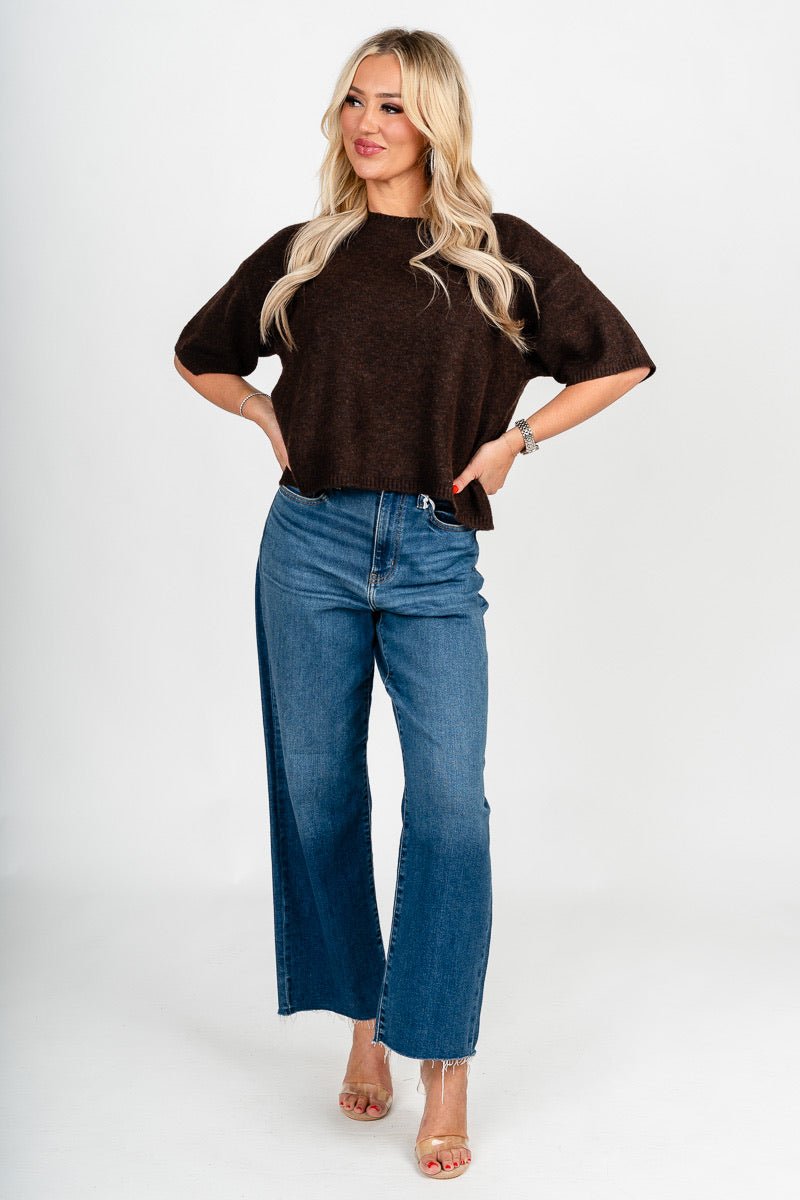 Short sleeve sweater brown – Unique Sweaters | Lounging Sweaters and Womens Fashion Sweaters at Lush Fashion Lounge Boutique in Oklahoma City