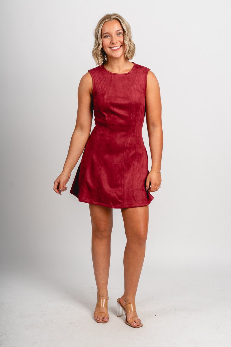 Sleeveless suede mini dress burgundy Stylish dress - Womens Fashion Dresses at Lush Fashion Lounge Boutique in Oklahoma City