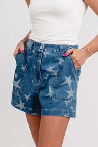 Star denim shorts blue - Trendy Shorts - Cute American Summer Collection at Lush Fashion Lounge Boutique in Oklahoma City
