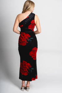 One shoulder mesh maxi dress black floral - Affordable dress - Boutique Dresses at Lush Fashion Lounge Boutique in Oklahoma City