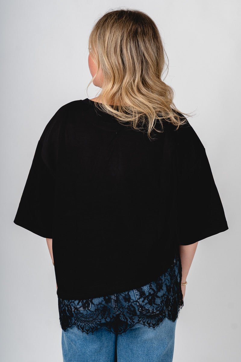 Short sleeve lace trim top black