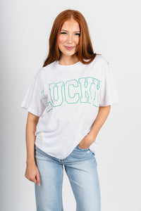 Lucky oversized t-shirt white - Trendy T-Shirts for St. Patrick's Day at Lush Fashion Lounge Boutique in Oklahoma City