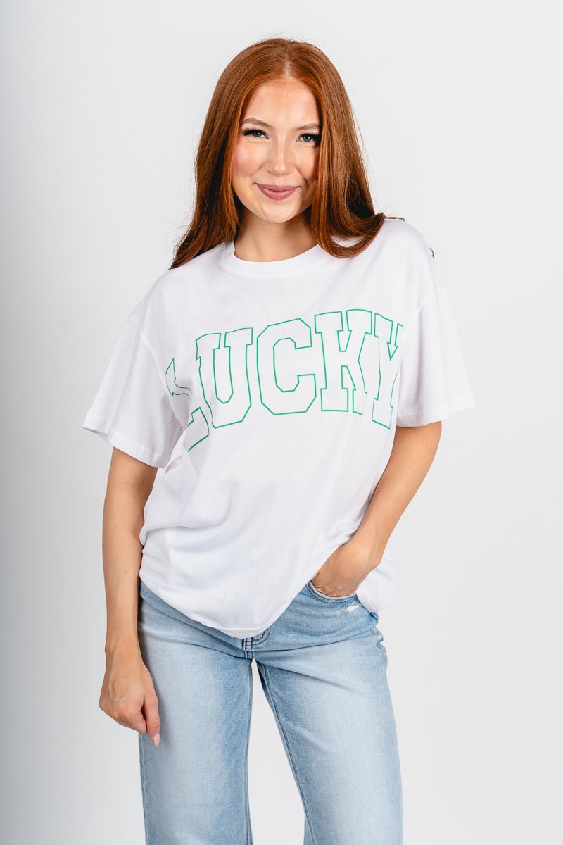 Lucky oversized t-shirt white - Trendy T-Shirts for St. Patrick's Day at Lush Fashion Lounge Boutique in Oklahoma City