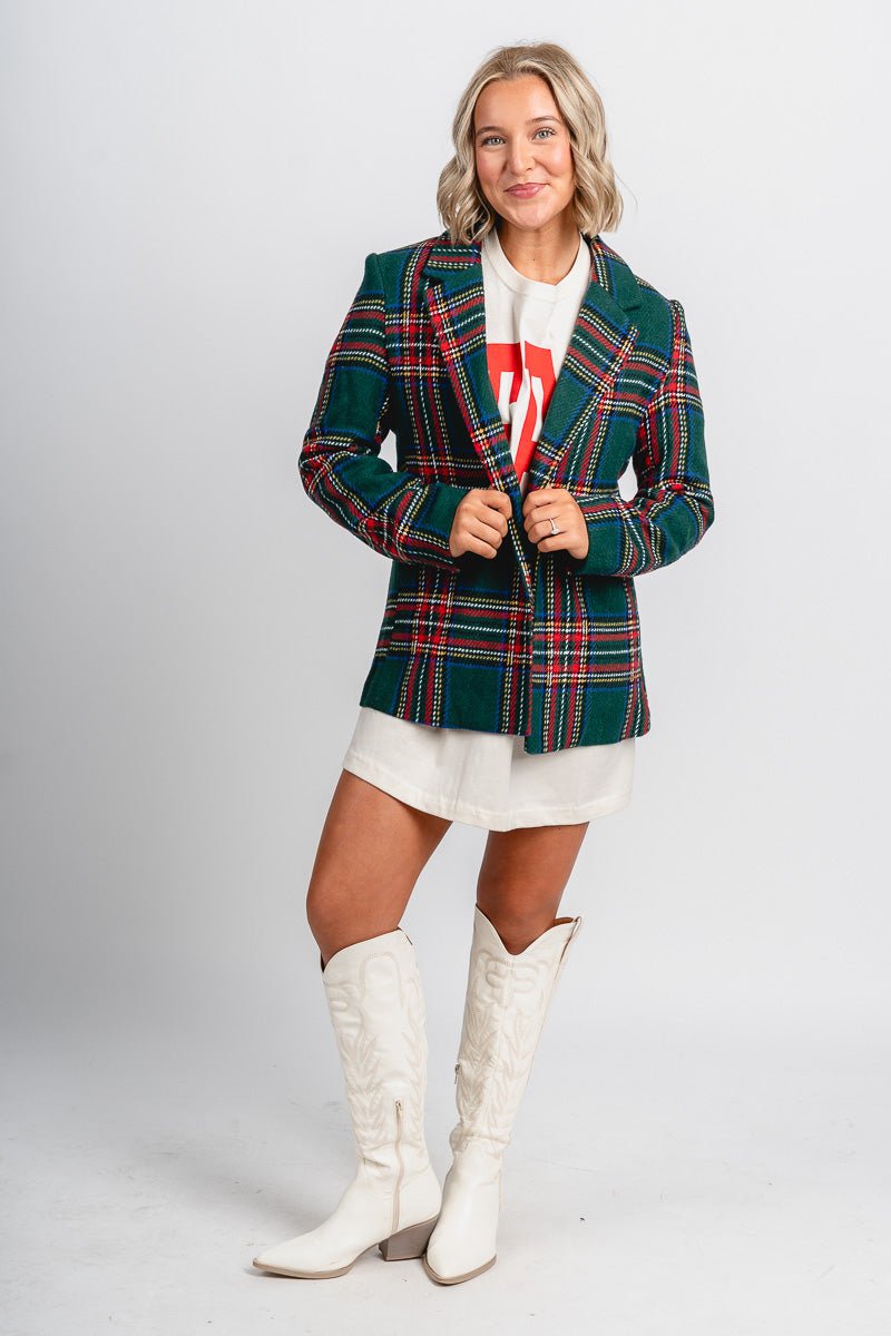 Plaid flannel blazer green/red - Exclusive Collection of Holiday Inspired T-Shirts and Hoodies at Lush Fashion Lounge Boutique in Oklahoma City