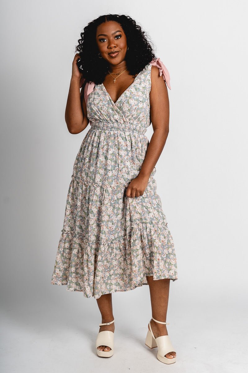 Floral crinkle midi dress dusty blue - Stylish dress - Cute Easter Outfits at Lush Fashion Lounge Boutique in Oklahoma